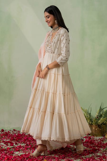 Buy Varun Chhabra Ivory Cotton, Organza Zari, Sequins, Embroidery Scoop Neck Tiered Anarkali Set Online at Aza Fashions Buy_Varun Chhabra_Ivory Cotton, Organza Zari, Sequins, Embroidery Scoop Neck Tiered Anarkali Set_Online_at_Aza_Fashions