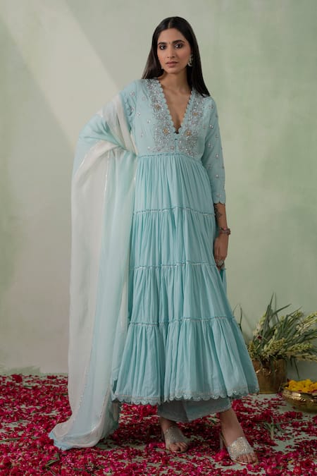 VARUN CHHABRA Blue Anarkali And Pant Cambric Lined With Mul Floral Set