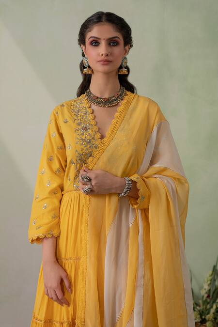 Varun Chhabra_Yellow Anarkali And Pant Cambric Lined With Mul Sequin Set_Online_at_Aza_Fashions