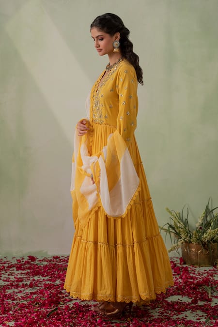 Buy_Varun Chhabra_Yellow Anarkali And Pant Cambric Lined With Mul Sequin Set_Online_at_Aza_Fashions