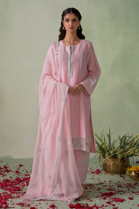 VARUN CHHABRA Pink Kurta And Pant Cambric Cotton Lined With Mul Placement Pakistani Set