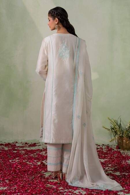 Shop Varun Chhabra Ivory Kurta And Pant Cambric Cotton Lined With Mul Floral Pattern Pakistani Set at Aza Fashions Shop_Varun Chhabra_Ivory Kurta And Pant Cambric Cotton Lined With Mul Floral Pattern Pakistani Set_at_Aza_Fashions