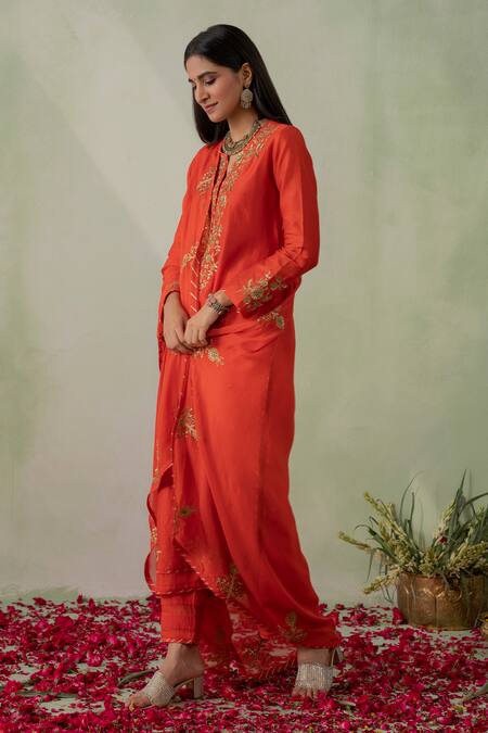 Shop_Varun Chhabra_Orange Kurta Chanderi Silk Embroidered Zari Notched Set_Online_at_Aza_Fashions