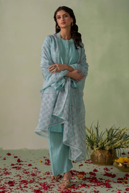 VARUN CHHABRA Blue Kurta Chanderi Lined With Mul Cotton Block Printed And Silk Set 