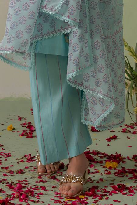 Buy_Varun Chhabra_Blue Kurta Chanderi Lined With Mul Cotton Block Printed And Embellished Silk Set_Online_at_Aza_Fashions