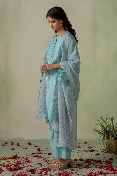 Shop_Varun Chhabra_Blue Kurta Chanderi Lined With Mul Cotton Block Printed And Embellished Silk Set_Online_at_Aza_Fashions