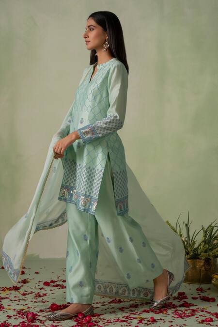 Shop Varun Chhabra Green Chanderi Block Printed And Embellished Foil Round Collar Floral Kurta Set Online at Aza Fashions Shop_Varun Chhabra_Green Chanderi Block Printed And Embellished Foil Round Collar Floral Kurta Set_Online_at_Aza_Fashions
