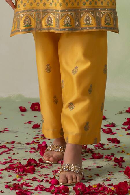 Shop_Varun Chhabra_Yellow Chanderi Block Printed And Embellished Foil Round Collar Floral Kurta Set_Online_at_Aza_Fashions