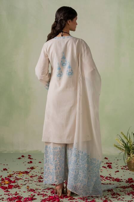 Shop Varun Chhabra Ivory Cotton, Organza Embroidery, Sequins Rose Block Print Kurta Palazzo Set at Aza Fashions Shop_Varun Chhabra_Ivory Cotton, Organza Embroidery, Sequins Rose Block Print Kurta Palazzo Set_at_Aza_Fashions
