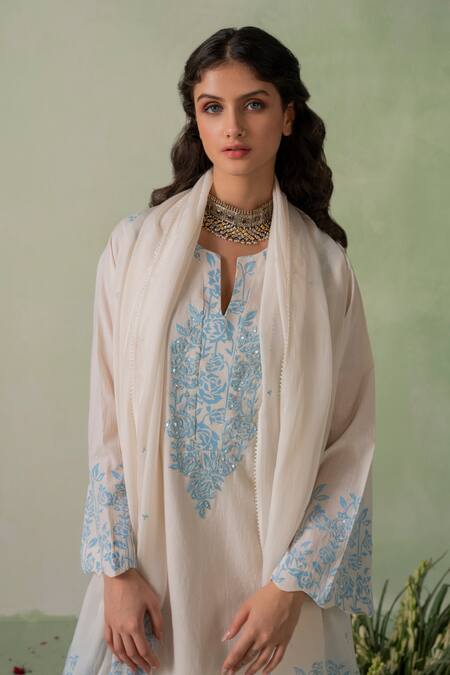 Varun Chhabra Ivory Cotton, Organza Embroidery, Sequins Rose Block Print Kurta Palazzo Set Online at Aza Fashions Varun Chhabra_Ivory Cotton, Organza Embroidery, Sequins Rose Block Print Kurta Palazzo Set_Online_at_Aza_Fashions