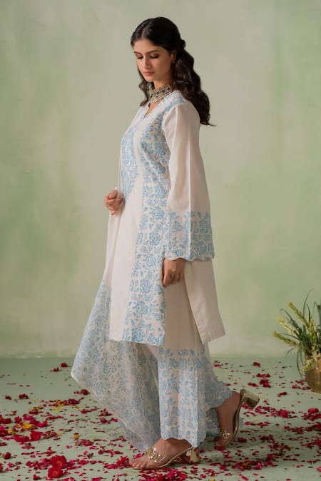 Shop Varun Chhabra Ivory Cotton, Organza Embroidery, Sequins Rose Block Print Kurta Palazzo Set Online at Aza Fashions Shop_Varun Chhabra_Ivory Cotton, Organza Embroidery, Sequins Rose Block Print Kurta Palazzo Set_Online_at_Aza_Fashions