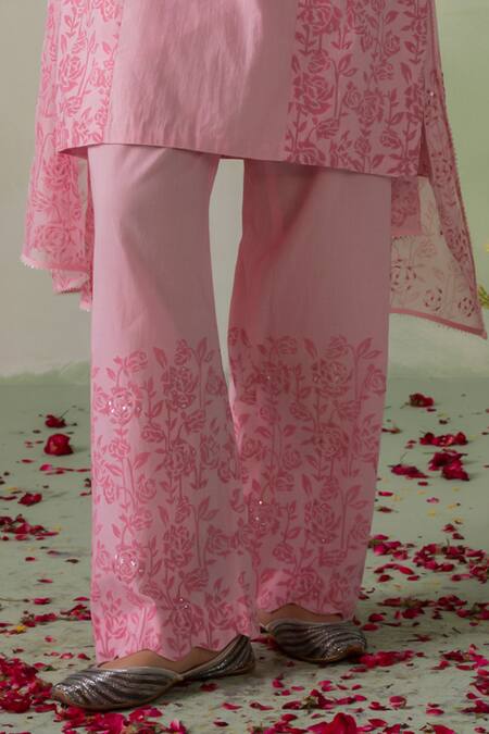 Buy_Varun Chhabra_Pink Cotton, Organza Sequins, Embroidery Round Neck Rose Block Print Kurta Set_Online_at_Aza_Fashions