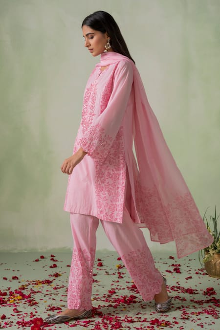 Shop_Varun Chhabra_Pink Cotton, Organza Sequins, Embroidery Round Neck Rose Block Print Kurta Set_Online_at_Aza_Fashions