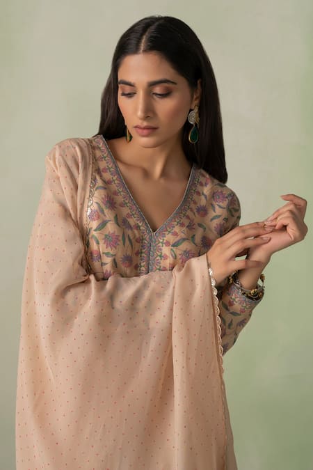 Varun Chhabra_Beige Chanderi, Cotton, Organza Embroidery, Floral Block Print Kurta Pant Set_Online_at_Aza_Fashions
