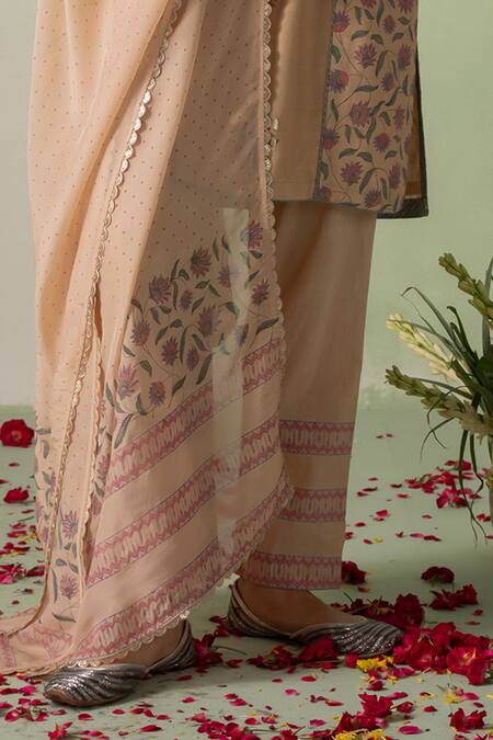 Buy_Varun Chhabra_Beige Chanderi, Cotton, Organza Embroidery, Floral Block Print Kurta Pant Set_Online_at_Aza_Fashions