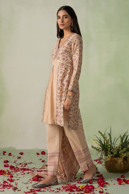 Shop_Varun Chhabra_Beige Chanderi, Cotton, Organza Embroidery, Floral Block Print Kurta Pant Set_Online_at_Aza_Fashions