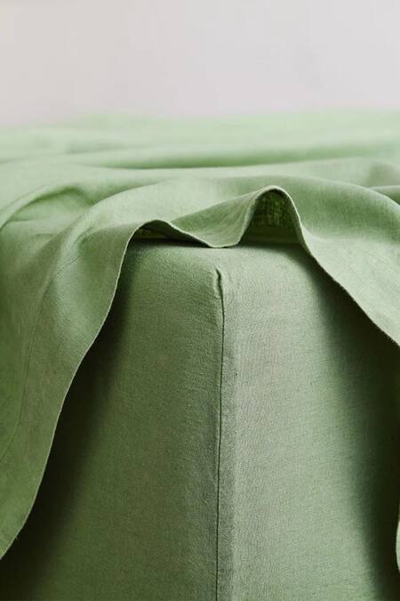 Thread Connect_Green Pure Linen Plain Fitted Bedsheet Set_Online_at_Aza_Fashions