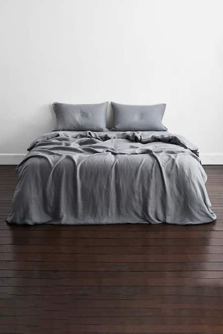 Thread Connect Grey Pure Linen Plain Duvet Cover Bedsheet Set