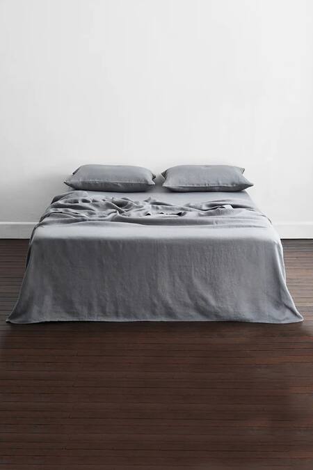 Thread Connect_Grey Pure Linen Plain Duvet Cover Bedsheet Set_Online_at_Aza_Fashions