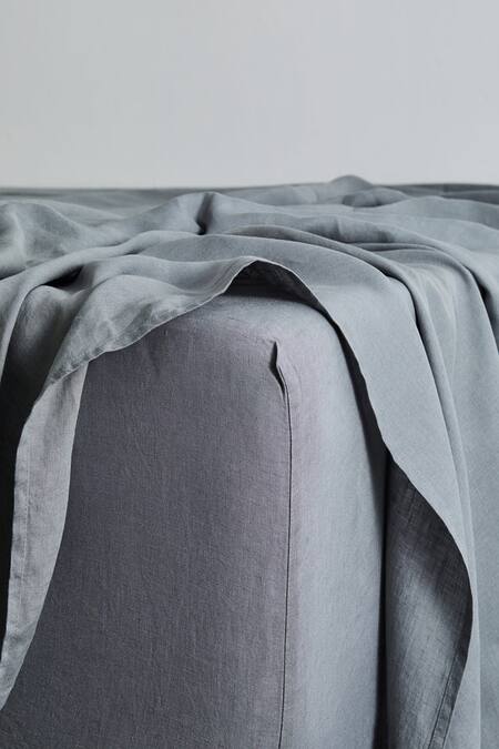 Thread Connect_Grey Pure Linen Plain Fitted Bedsheet Set_Online_at_Aza_Fashions