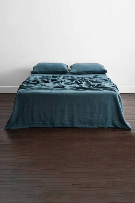 Thread Connect Green Pure Linen Plain Natural Fitted Bedsheet Set 