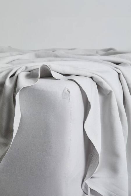Thread Connect_Grey Pure Linen Plain Fitted Sheet Set_Online_at_Aza_Fashions