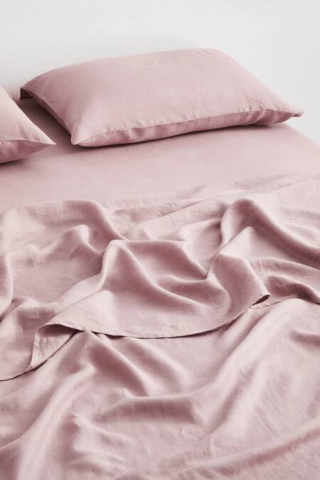 Shop Thread Connect Pink Pure Linen Plain Solid Fitted Sheet Set at Aza Fashions Shop_Thread Connect_Pink Pure Linen Plain Solid Fitted Sheet Set_at_Aza_Fashions