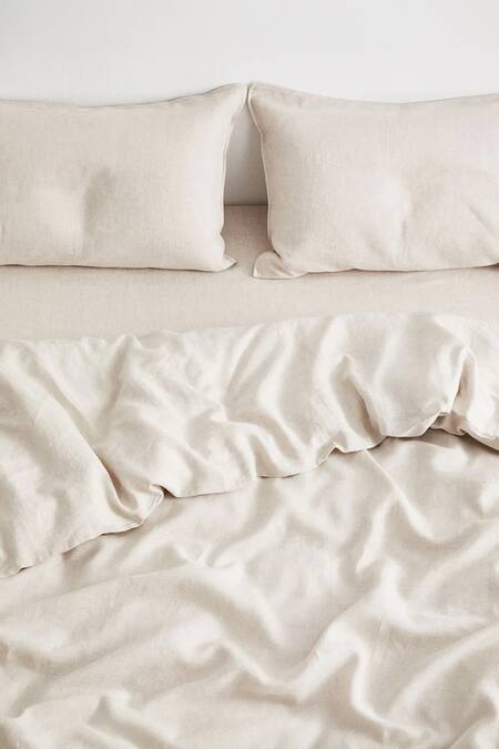 Thread Connect_Beige Pure Linen Plain Solid Duvet Cover Set_Online_at_Aza_Fashions