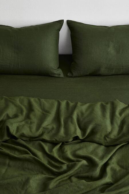 Thread Connect_Green Pure Linen Plain Duvet Cover Set_Online_at_Aza_Fashions