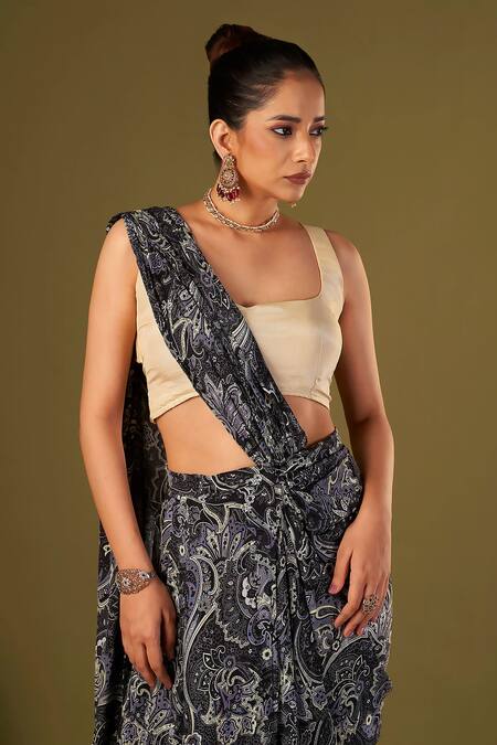 Shop_Affroz_Ivory Viscose Sweetheart Neck Paisley Printed Pre-draped Saree And Blouse _Online_at_Aza_Fashions