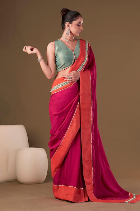 Affroz_Pink Denim, Tissue Pearls V-neck And Cowrie Embellished Saree With Blouse _Online_at_Aza_Fashions