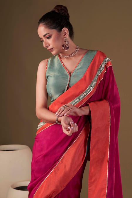 Buy_Affroz_Pink Denim, Tissue Pearls V-neck And Cowrie Embellished Saree With Blouse _Online_at_Aza_Fashions