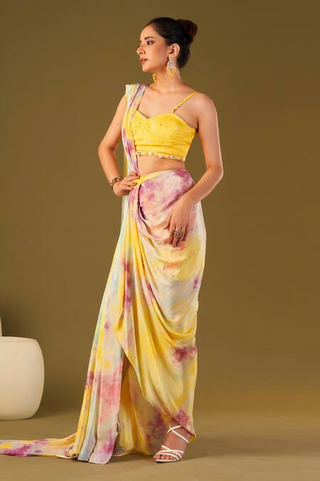 Affroz_Yellow Viscose, Crepe Pearls Embellished Tie And Dye Pre-draped Saree Set _Online_at_Aza_Fashions