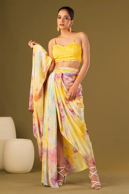 Buy_Affroz_Yellow Viscose, Crepe Pearls Embellished Tie And Dye Pre-draped Saree Set _Online_at_Aza_Fashions