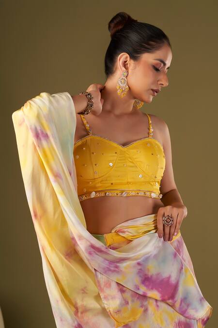 Shop_Affroz_Yellow Viscose, Crepe Pearls Embellished Tie And Dye Pre-draped Saree Set _Online_at_Aza_Fashions