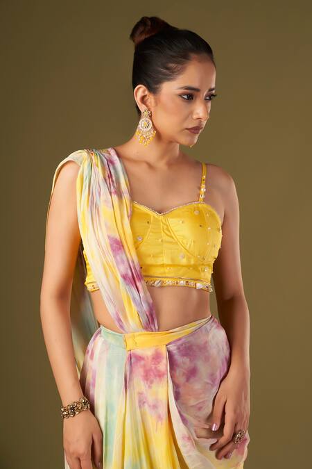 Affroz_Yellow Viscose, Crepe Pearls Embellished Tie And Dye Pre-draped Saree Set _at_Aza_Fashions