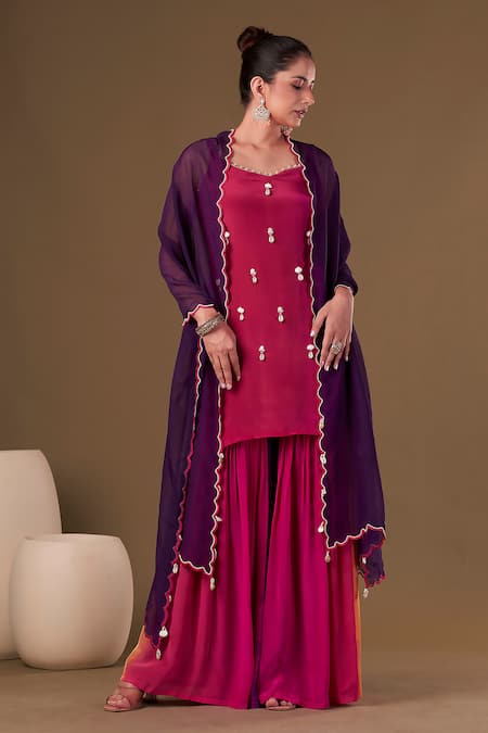 Buy Affroz Pink Viscose, Crepe, Organza Pearls, Cowrie Shells Embellished Kurta Shara Set Online at Aza Fashions Buy_Affroz_Pink Viscose, Crepe, Organza Pearls, Cowrie Shells Embellished Kurta Shara Set_Online_at_Aza_Fashions