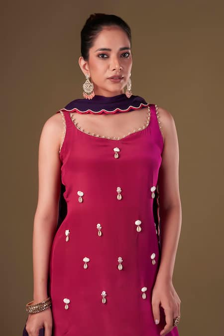 Shop Affroz Pink Viscose, Crepe, Organza Pearls, Cowrie Shells Embellished Kurta Shara Set Online at Aza Fashions Shop_Affroz_Pink Viscose, Crepe, Organza Pearls, Cowrie Shells Embellished Kurta Shara Set_Online_at_Aza_Fashions