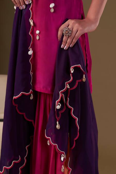 Affroz Pink Viscose, Crepe, Organza Pearls, Cowrie Shells Embellished Kurta Shara Set at Aza Fashions Affroz_Pink Viscose, Crepe, Organza Pearls, Cowrie Shells Embellished Kurta Shara Set_at_Aza_Fashions