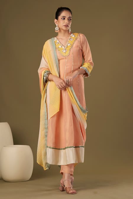 AFFROZ Peach Tissue Silk Embellished Pearls Cowrie Shells Embroidered Anarkali Pant Set 