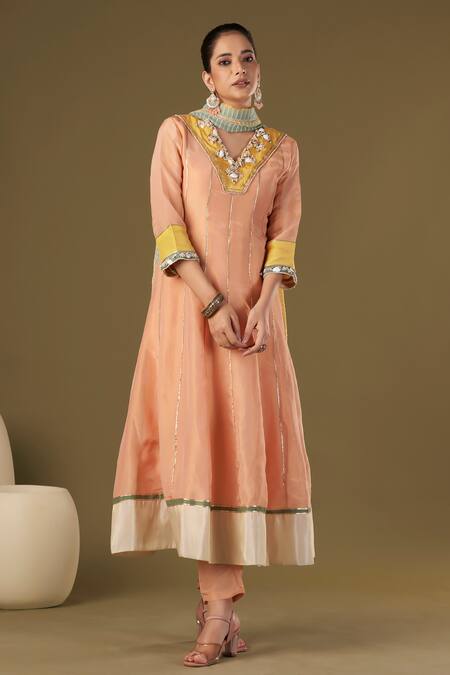 Affroz Peach Tissue, Silk Pearls V-neck Cowrie Shells Embroidered Anarkali Pant Set Online at Aza Fashions Affroz_Peach Tissue, Silk Pearls V-neck Cowrie Shells Embroidered Anarkali Pant Set_Online_at_Aza_Fashions