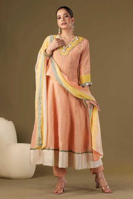 Buy Affroz Peach Tissue, Silk Pearls V-neck Cowrie Shells Embroidered Anarkali Pant Set Online at Aza Fashions Buy_Affroz_Peach Tissue, Silk Pearls V-neck Cowrie Shells Embroidered Anarkali Pant Set_Online_at_Aza_Fashions