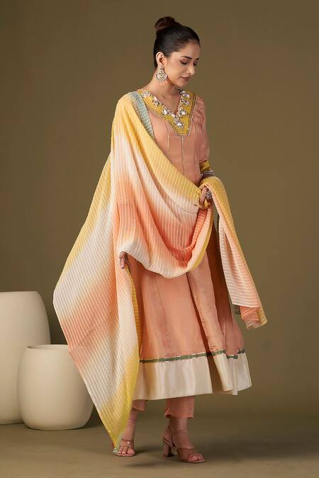 Affroz Peach Tissue, Silk Pearls V-neck Cowrie Shells Embroidered Anarkali Pant Set at Aza Fashions Affroz_Peach Tissue, Silk Pearls V-neck Cowrie Shells Embroidered Anarkali Pant Set_at_Aza_Fashions