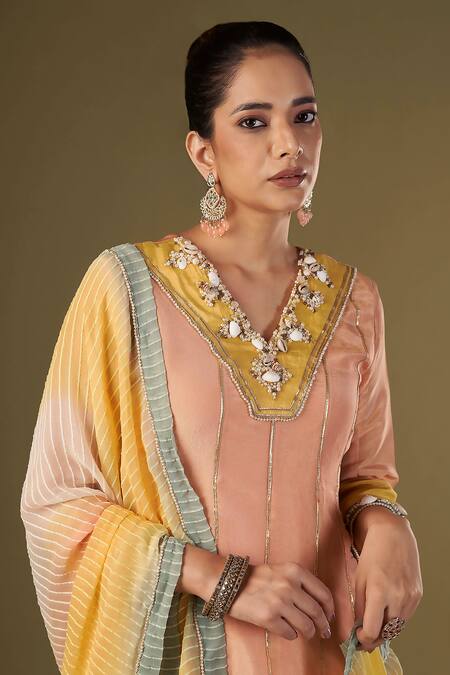 Buy Affroz Peach Tissue, Silk Pearls V-neck Cowrie Shells Embroidered Anarkali Pant Set Buy_Affroz_Peach Tissue, Silk Pearls V-neck Cowrie Shells Embroidered Anarkali Pant Set