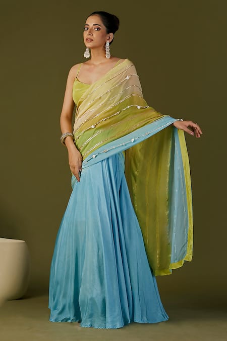 Buy Affroz Blue Silk Pearls, Gota Patti Cowl Neck Embellished Lehenga Saree Online at Aza Fashions Buy_Affroz_Blue Silk Pearls, Gota Patti Cowl Neck Embellished Lehenga Saree _Online_at_Aza_Fashions