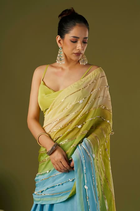 Shop Affroz Blue Silk Pearls, Gota Patti Cowl Neck Embellished Lehenga Saree Online at Aza Fashions Shop_Affroz_Blue Silk Pearls, Gota Patti Cowl Neck Embellished Lehenga Saree _Online_at_Aza_Fashions