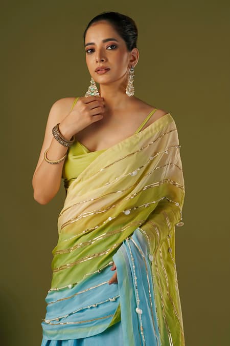 Affroz Blue Silk Pearls, Gota Patti Cowl Neck Embellished Lehenga Saree at Aza Fashions Affroz_Blue Silk Pearls, Gota Patti Cowl Neck Embellished Lehenga Saree _at_Aza_Fashions
