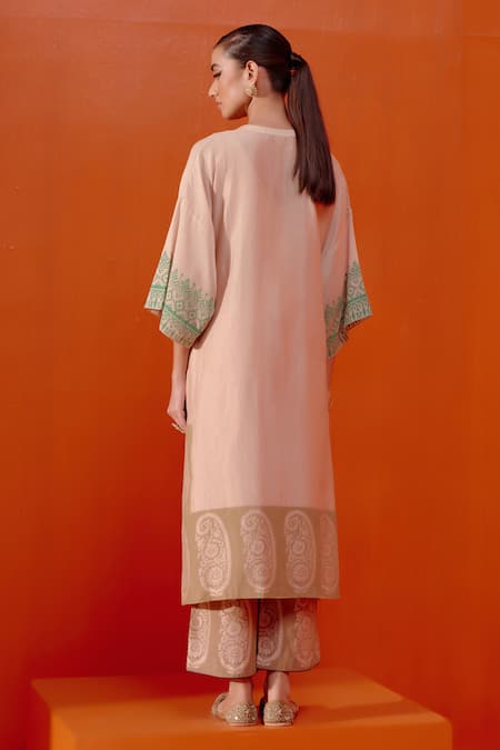 Shop Devnaagri Beige , , Cotton, Block Print Kaftan And Palazzo Set at Aza Fashions Shop_Devnaagri_Beige , , Cotton, Block Print Kaftan And Palazzo Set _at_Aza_Fashions