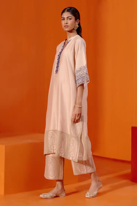 Devnaagri_Beige Silk, Chanderi Embroidery Paisley Block Print Kaftan And Palazzo Set _Online_at_Aza_Fashions