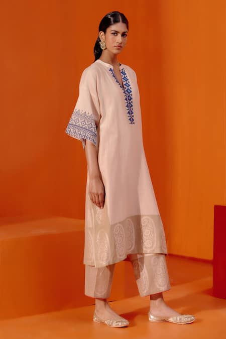 Buy_Devnaagri_Beige Silk, Chanderi Embroidery Paisley Block Print Kaftan And Palazzo Set _Online_at_Aza_Fashions